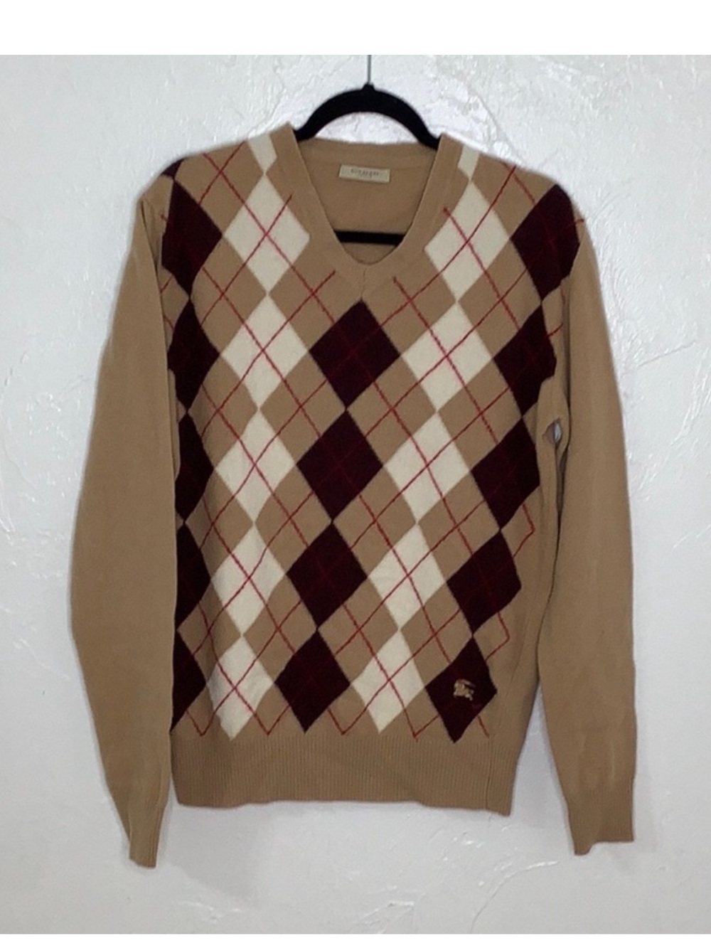 VGT Burberry London V-Neck Argyle Diamond pattern Wool Sweater size Medium Men